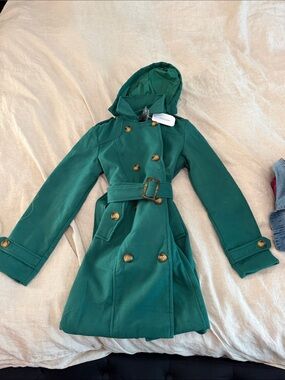 Girls' Hooded Double-Breasted Pea Coat in Emerald Green
